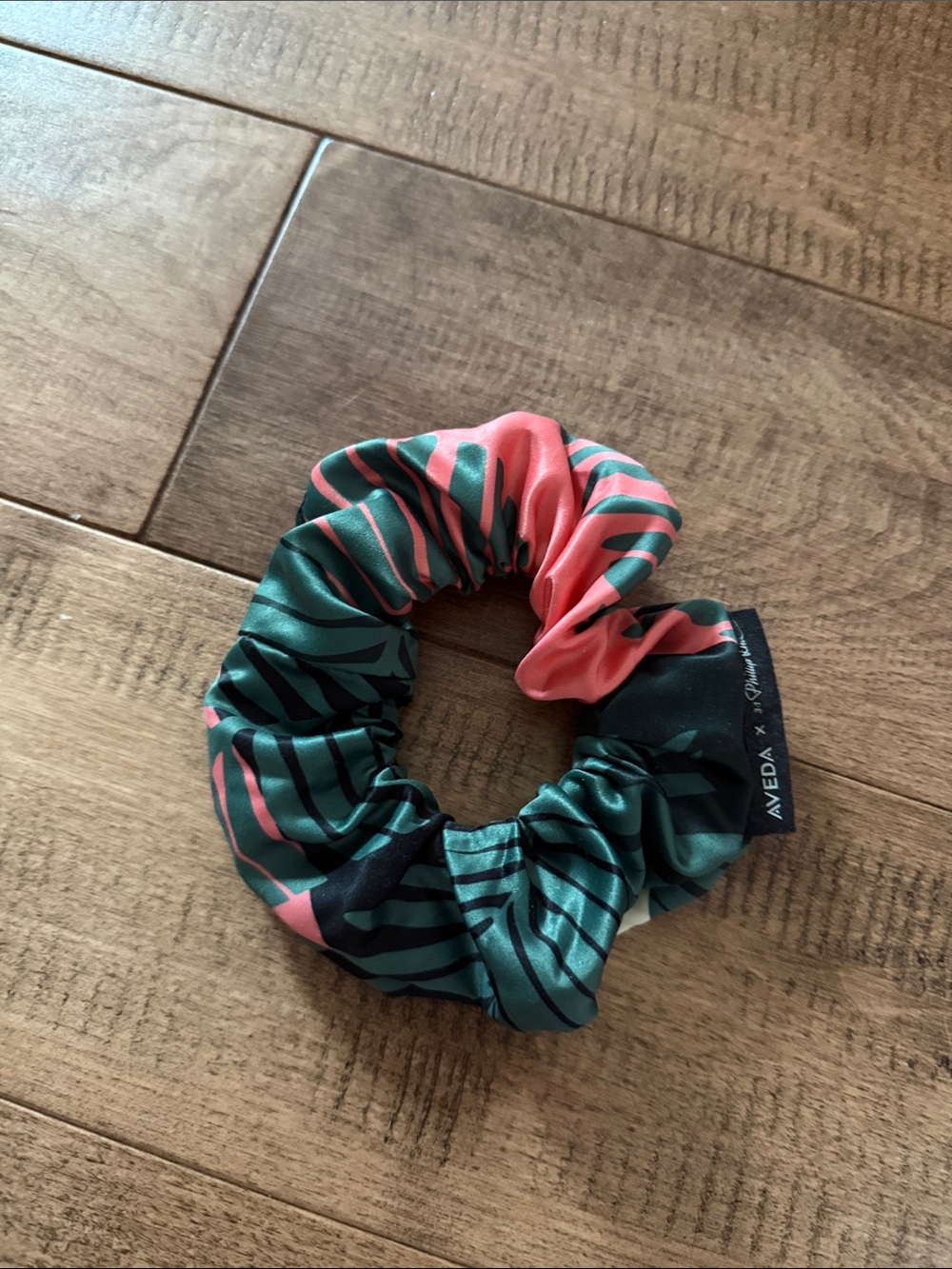 AVEDA Coral Pink & Teal Green Striped Satin Hair Scrunchie